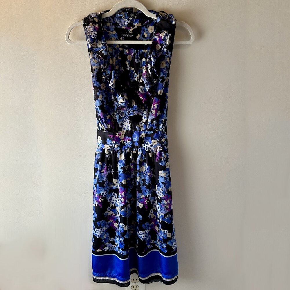 White House Black Market Sleeveless Ruffle V-Neck Purple Floral Dress | Size 10